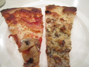 Slice of Bacon Pizza and a slice of clam